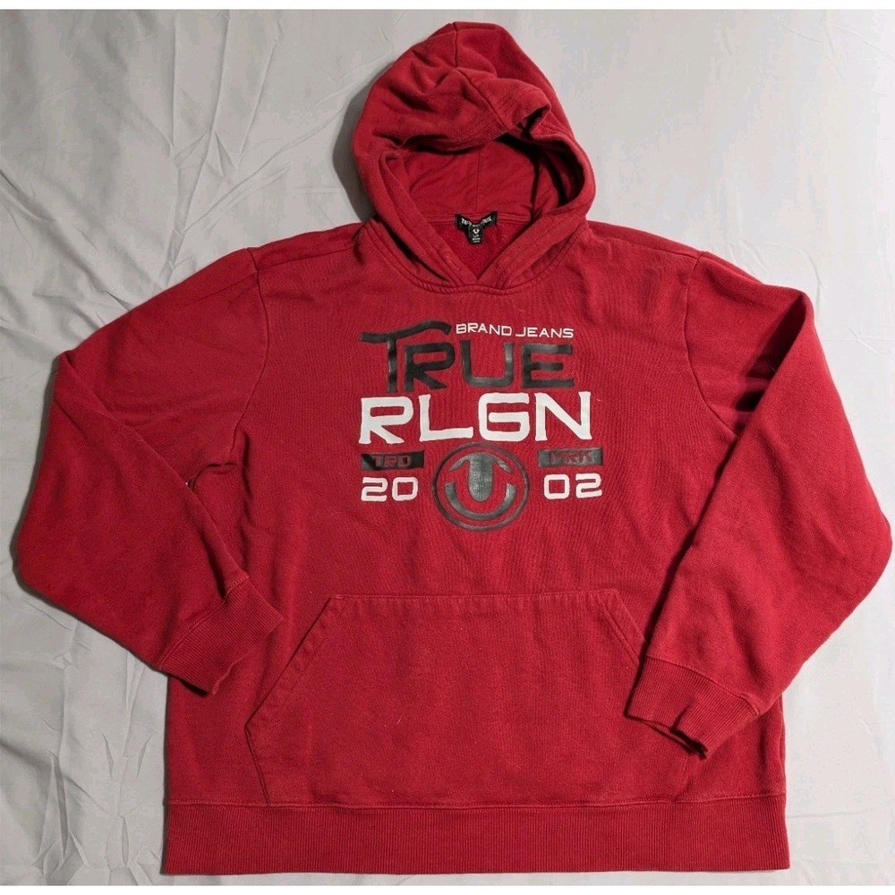 True Religion Hoodie Mens Large‎ Red Pullover Big Logo Sweatshirt